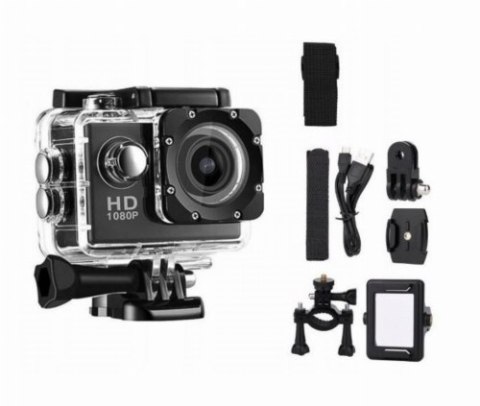 KAMERA SPORTOWA wodoodporna FULL HD TYPU GOPRO 1080P 2" czarna + akcesoria