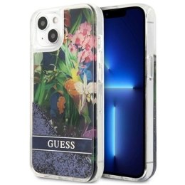 Guess Liquid Glitter Flower - Etui iPhone 13 mini (niebieski)