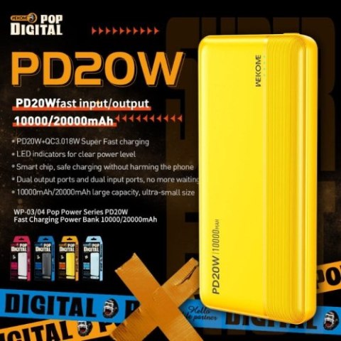 WEKOME WP-04 Pop Digital Series - Power bank 20000 mAh Fast Charging USB-C PD 20W + USB-A QC3.0 18W (Biały)