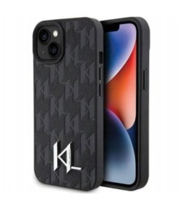 WYP Oryginalne Etui APPLE IPHONE 15 Karl Lagerfeld Hardcase Leather Monogram Hot Stamp Metal Logo (KLHCP15SPKLPKLK) czarne